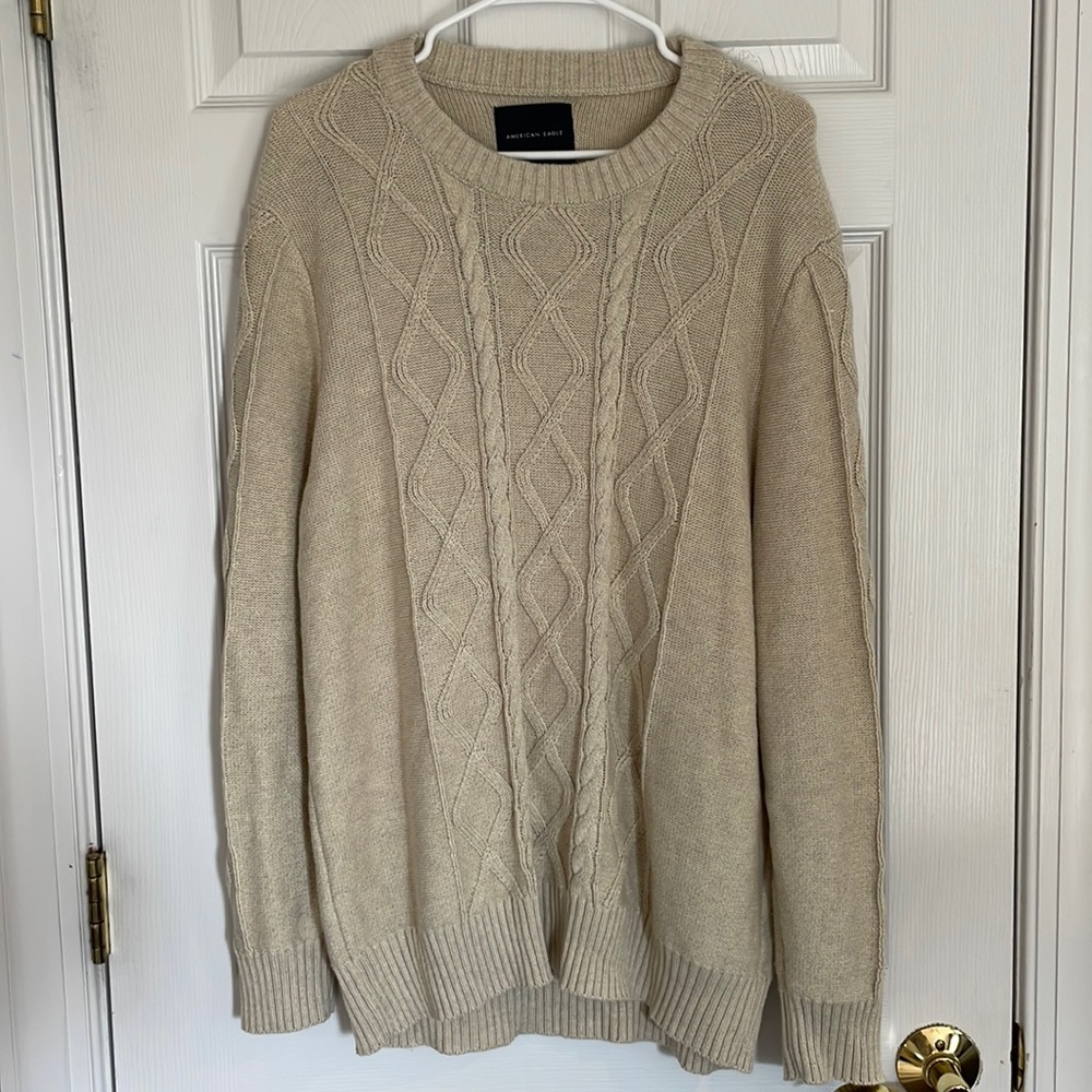 American Eagle Men’s Cable Crew-Neck Sweater, Cream, size L